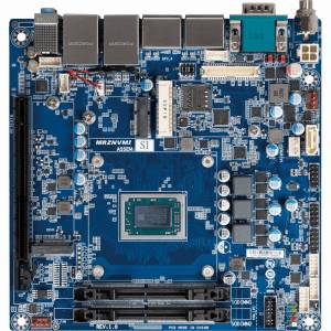 mITX-1605A Mini-ITX motherboard, AMD RYZEN V1605B Embedded processor, Up to 32GB DDR4-2400 MHz SO-DIMM, 1xSATA III, 2xCOM, 4xUSB 3.0, 4xUSB 2.0, 2xGbE LAN,4xDP, 1xMini PCIe, 1xPCIe x16, 2xM.2 slots, Audio, +12-24V DC In