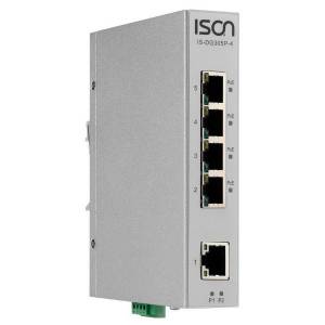 IS-DG305P-4 Industrial DIN-Rail Unmanaged 5-port IEEE802.3af/at Power-over-Ethernet Switch with 5x 1000Base-TX ports, 4 PoE output(max. 30W per Port), -40...+75C operating temperature, Dual DC