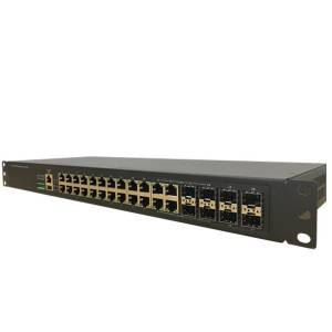 RS428-DC Industrial Rackmount Ethernet Switch, 20x10/100/1000Base-T, 4x100/1000M SFP, 4x100/1000M RJ45/SFP Combo, 1xDB9, 1xUSB, 1xDI, 1xDO, L2 Managed, ERPS v2, 18..72VDC, -40..70 C