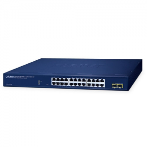 GS-2210-24T2S Ethernet Switch, 24-Port 10/100/1000BASE-T, 2-Port 100/1000BASE-X SFP, Flash Memory 16Mb, 100..240 VAC, Operating Temperature 0..50 C