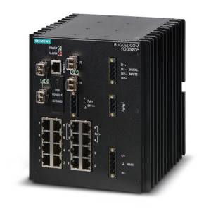 RUGGEDCOM-RSG920P Industrial Fully Managed Ethernet Switch with 16x Gigabit LAN ports, 4x SFP, 4x PoE, 128-bit Encryption, 85-264 VAC/44-57 VDC Power Input, -40..85C Operating Temperature