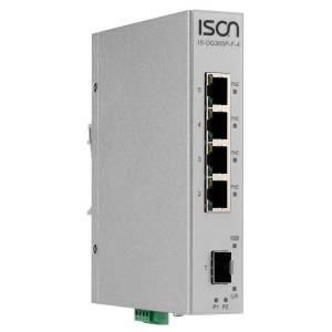 IS-DG305P-F-4 Industrial DIN-Rail Unmanaged 5-port IEEE802.3af/at Power-over-Ethernet Switch with 4x 1000 Base-TX ports and 1x 1000 Base-FX SFP Slots, 4 PoE output(max. 30W per Port), -40...+75 operating temperature, Dual DC