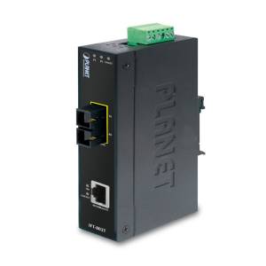 IFT-802TS15 Industrial Fast Ethernet Media Converter with 1x100 Mbit/s Base TX to 1x 100Base-FX SC SM, single mode, 15km distance, 1310nm optical frequency, 6kV protection, 12-48V redundant DC, -40..+75C operation temperature