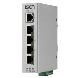 IS-DF305P-F-4 Industrial DIN-Rail Unmanaged 5-port IEEE802.3af/at Power-over-Ethernet Switch with 4x 00Base-TX ports and 1 100 FX SFP Slot, 4 PoE output(max. 30W per Port), -40...+75C operating temperature, Dual DC