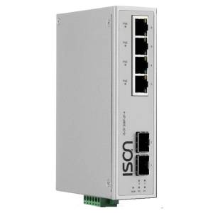 IS-DF306P-2F-4 Industrial DIN-Rail Unmanaged 6-port IEEE802.3af/at Power-over-Ethernet Switch with 4x 100Base-TX ports and 2 100 FX SFP Slot, 4 PoE output(max. 30W per Port), -40...+75C operating temperature, Dual DC