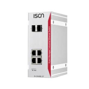 IS-DG406-2F Industrial 6-port Web-Smart Din-Rail Managed Ethernet switch with 4 10/100/1000 BaseT(X) and 2 100/1000 FX/TX Combo ports, -40..+75C operating temperature, Dual 12-58V DC Power Input