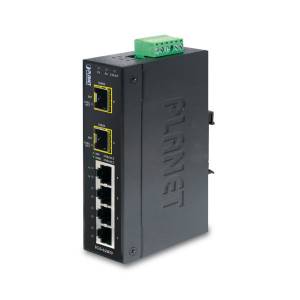 IGS-620TF Industrial DIN-Rail Gigabit Unmanaged Ethernet Switch, 4x1000Base(T) + 2x1000 SFP Ports, 6KV DC protection, 12-48VDC/24VAC redundant Input Voltage, -40..+75C Operating Temperature