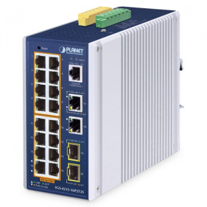 IGS-4215-16P2T2S Industrial Managed Ethernet Switch IP30 18-Port 10/100/1000BASE-T with 16-port PoE+, 2- Port 1000BASE-SX/LX/BX SFP, 1xCOM, 2xDI, 2xDO, 48..54VDC, -40..75C Operating Temperature