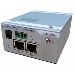 IS-DG102P-1-A Industrial Power-over-Ethernet Injector, Layer 2, with 1x 1000 PoE PD Port, 1x 1000 PoE PSB Port, up to 30W PoE Output, PoE Splitter, 100/240VAC, 12VDC out, -40..+75C Operating Temperature